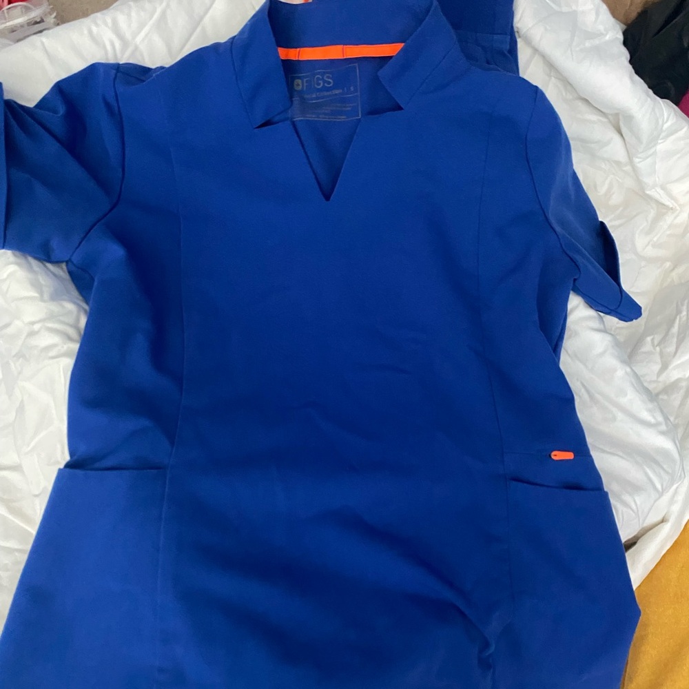 Figs Royal Blue Scrub Set with Orange Highlights